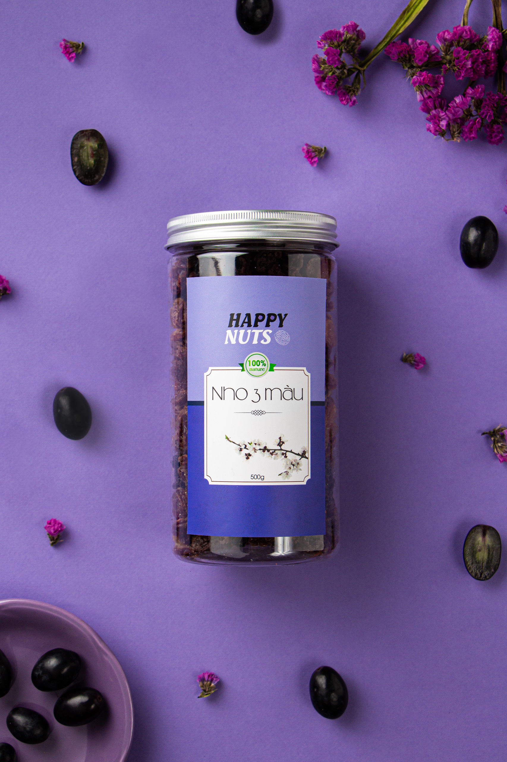 (Tặng 500g yến mạch) Nho khô 3 màu Happy Nuts sấy, không đường 500gr